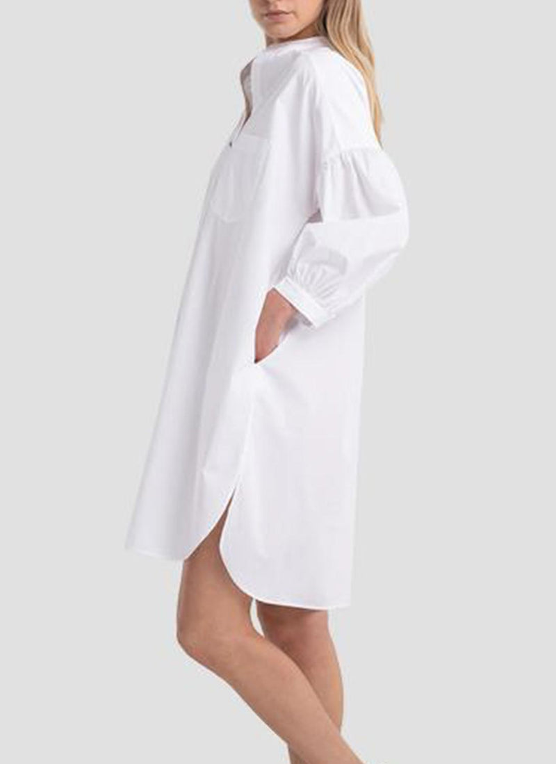 Replay - Robe Chemise Manches Ballon - White - Femme