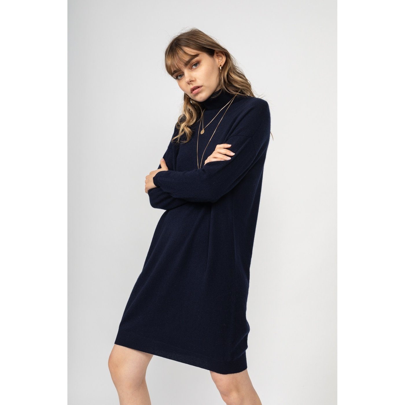 Zoela Roll-Neck Dress Navy, 100% Cashmere, 2-Ply, Jersey - Women