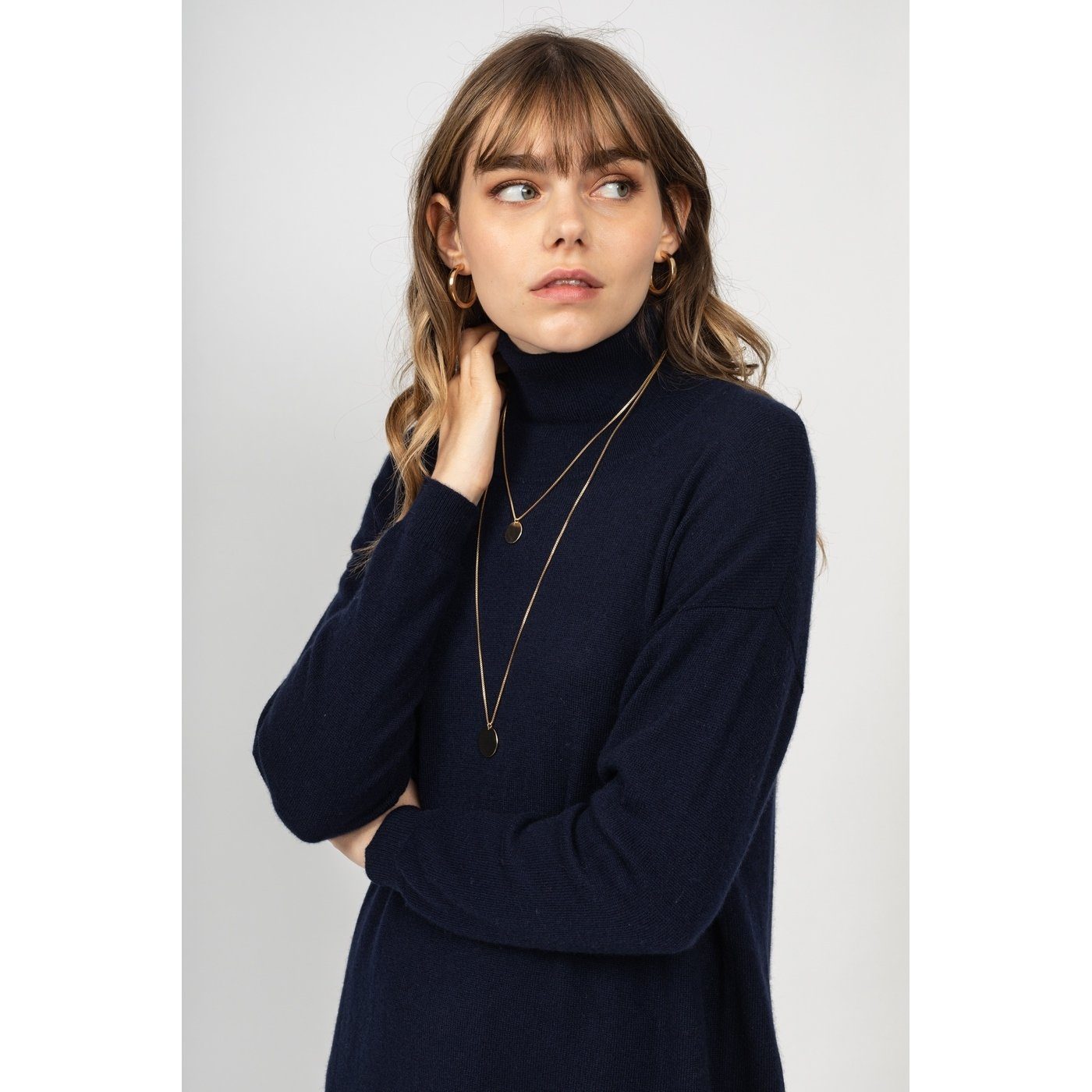 Zoela Roll-Neck Dress Navy, 100% Cashmere, 2-Ply, Jersey - Women