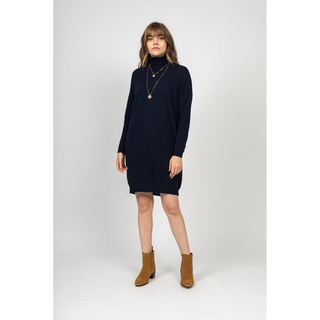 Zoela Roll-Neck Dress Navy, 100% Cashmere, 2-Ply, Jersey - Women
