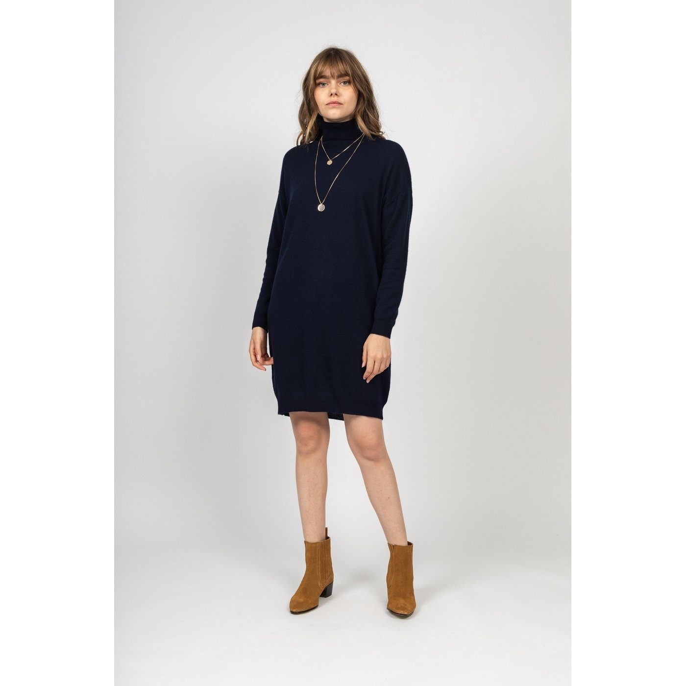 Zoela Roll-Neck Dress Navy, 100% Cashmere, 2-Ply, Jersey - Women