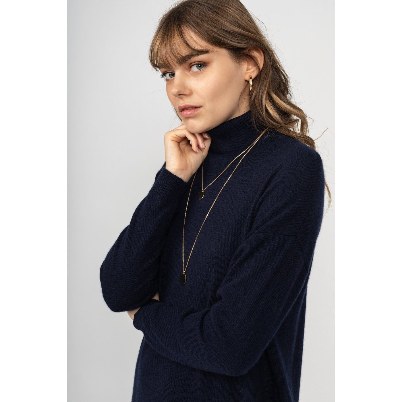 Zoela Roll-Neck Dress Navy, 100% Cashmere, 2-Ply, Jersey - Women