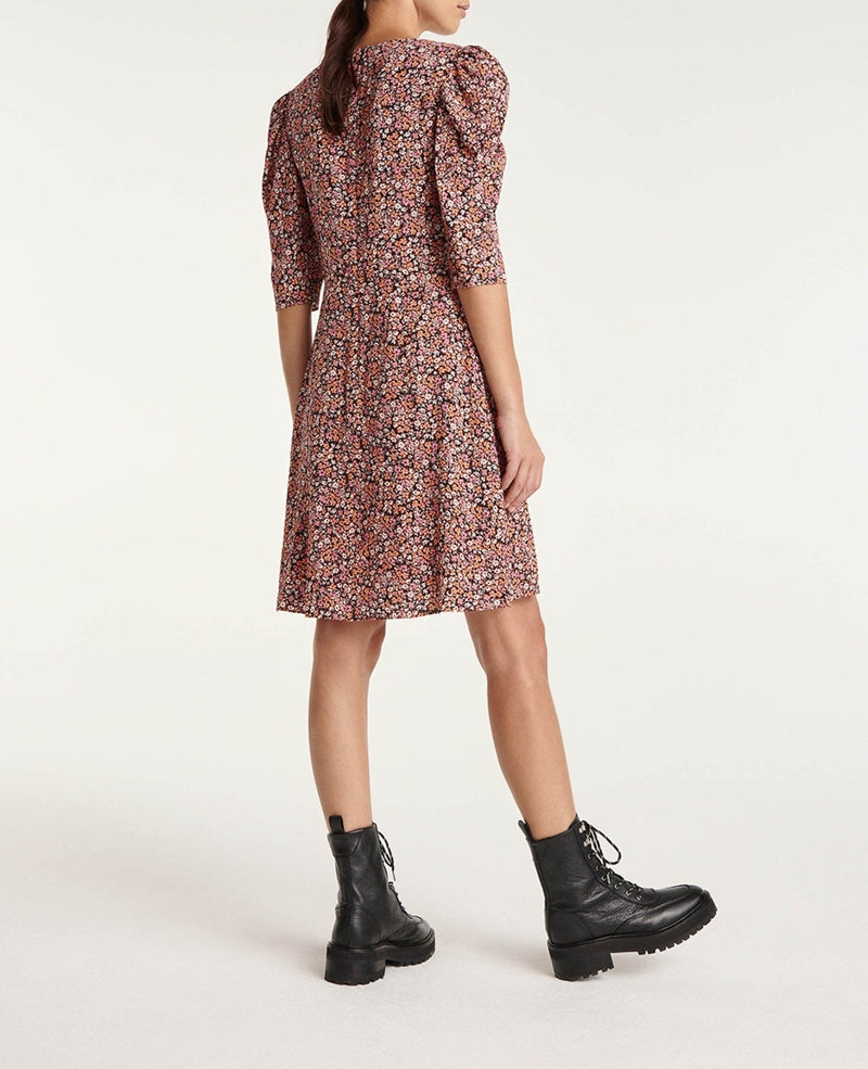 Vestido corto estampado con hombros fruncidos - Mujer