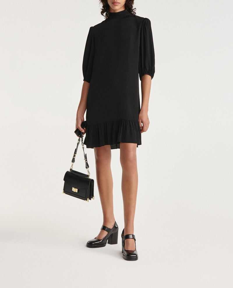 Vestido Corto Negro Con Volantes Cuello Alto - Mujer