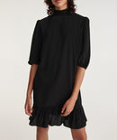Vestido Corto Negro Con Volantes Cuello Alto - Mujer
