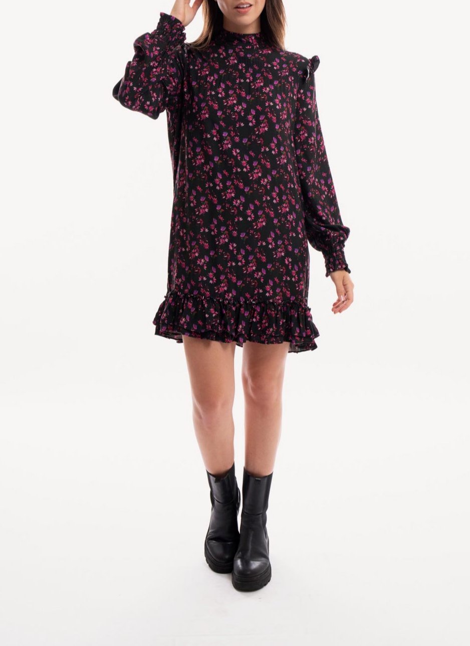 Replay - Short Floral Print Dress - Dark Blue Fuxia Violet - Women
