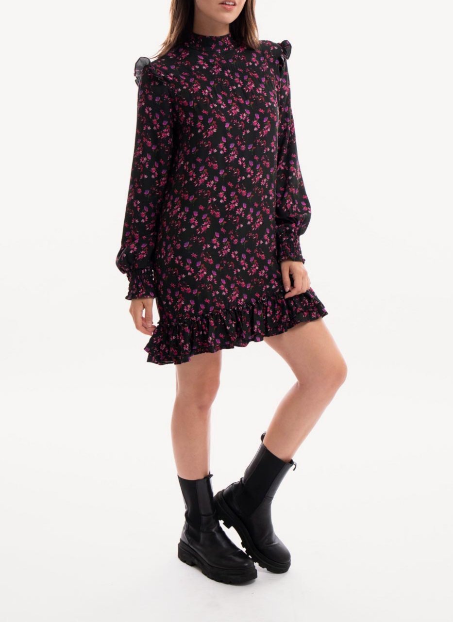 Replay - Short Floral Print Dress - Dark Blue Fuxia Violet - Women