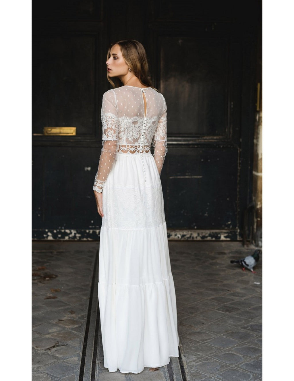 Abito Da Sposa Folk Con Volant - Bianco Seta
