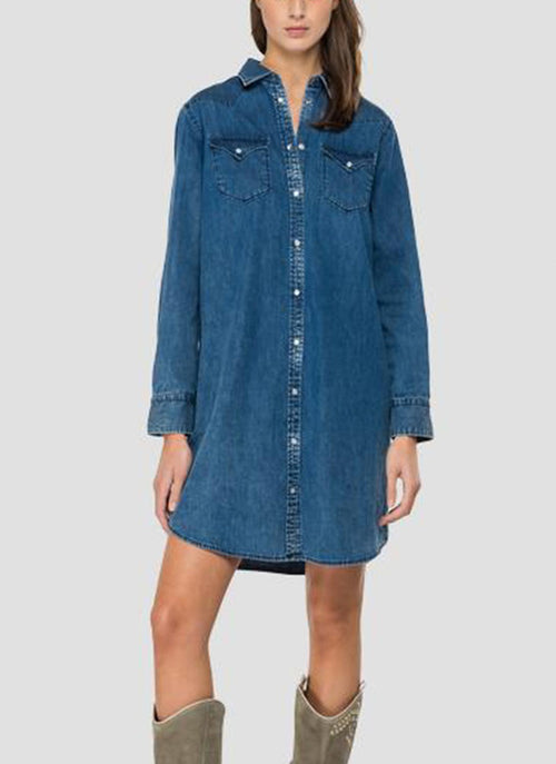 Replay - Robe En Denim Col Classique - Medium Blue - Femme