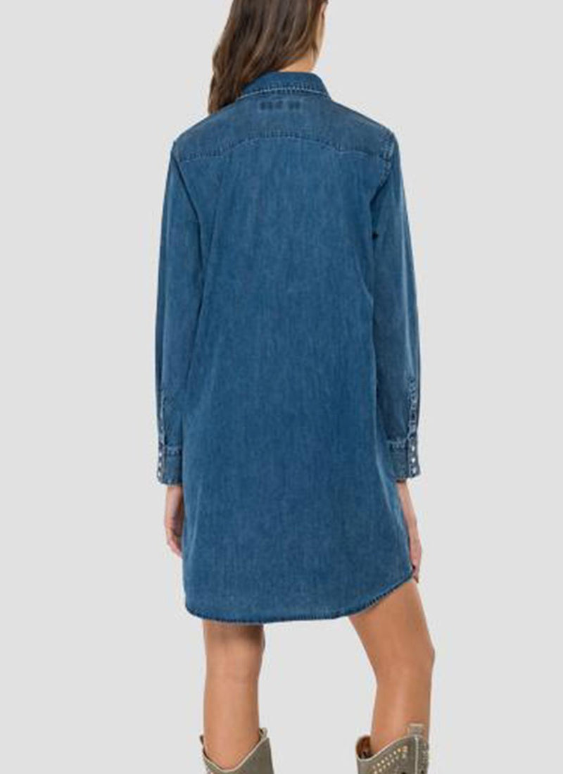 Replay - Robe En Denim Col Classique - Medium Blue - Femme