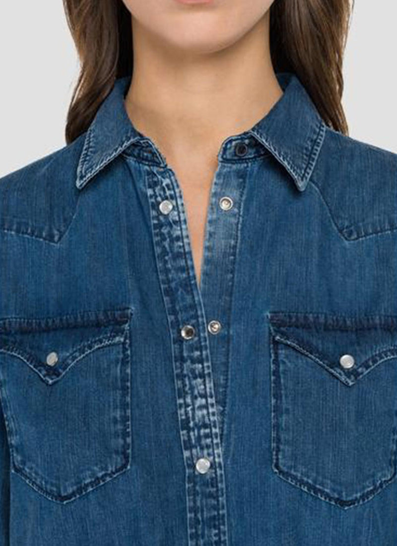 Replay - Robe En Denim Col Classique - Medium Blue - Femme