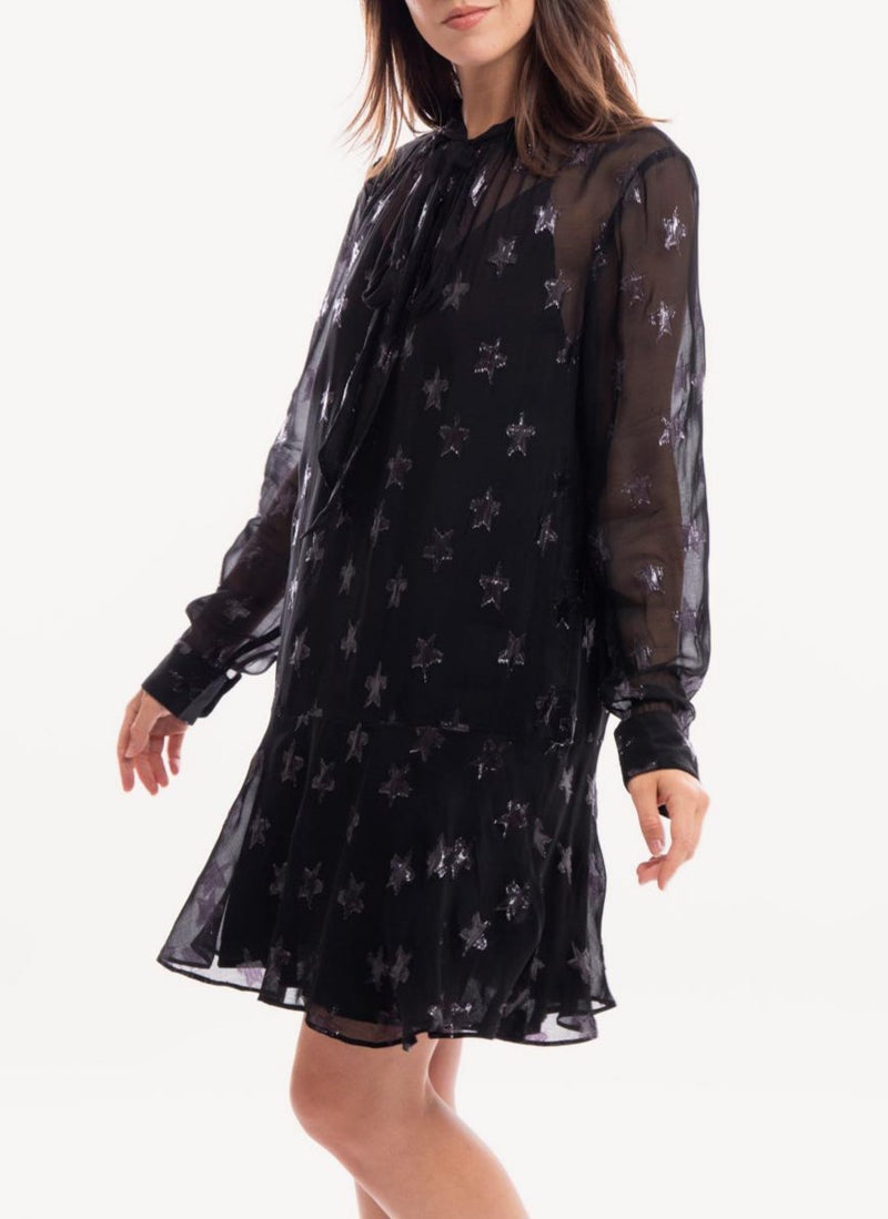 Replay - Robe Georgette Étoile Lurex - Black - Femme