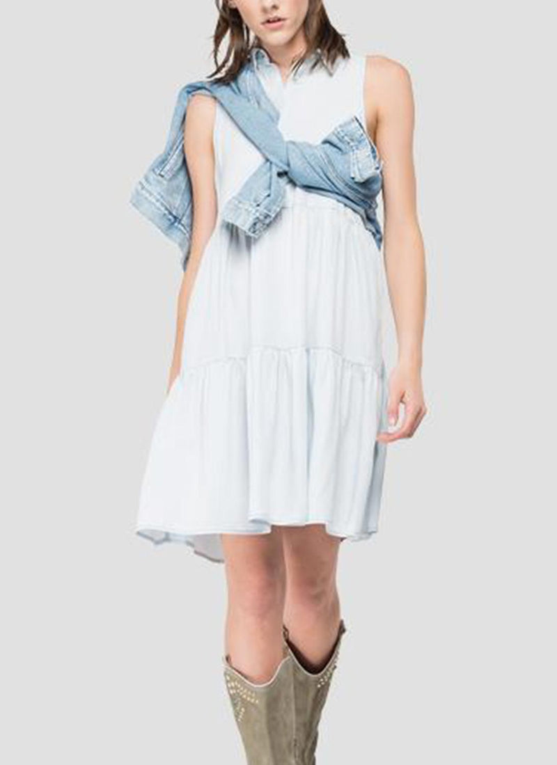 Replay - Robe En Denim À Volants - Light Blue - Femme