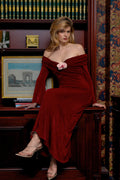 Draped Off-the-Shoulder Dress with Orchid Brooch - Fuchsia