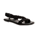 Ronda Black Flat Asymmetric Sandal with braided straps and sleek leather sole for a chic summer look.