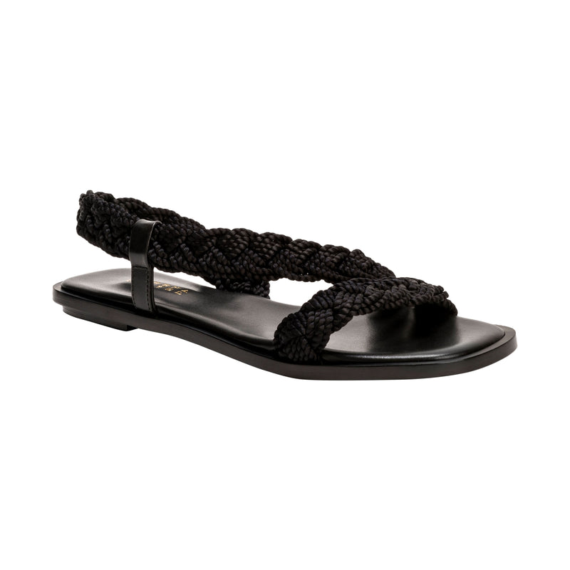 Ronda Black Flat Asymmetric Sandal with braided straps and sleek leather sole for a chic summer look.