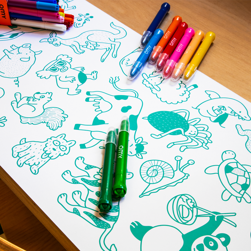 Rouleau Stick-it ANIMALS OMY avec feutres colorés, activité créative autour des animaux du monde