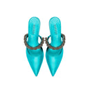 Roxana Aqua Mules Pump featuring a vibrant turquoise design and stylish braided strap detail.