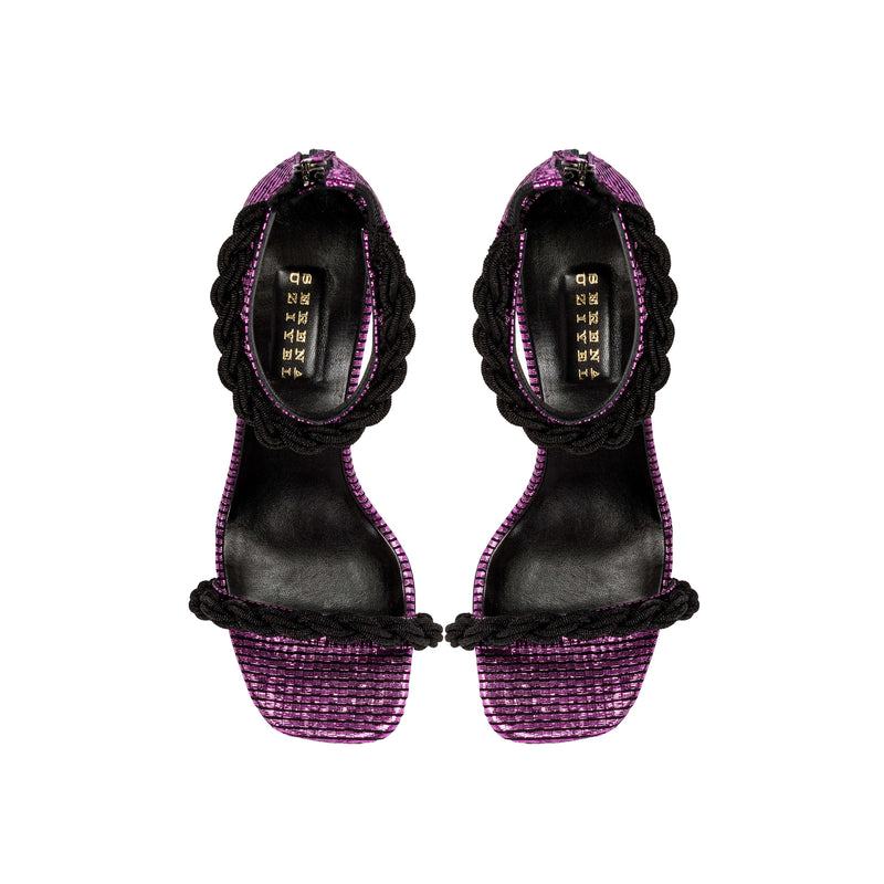 Roxana Disco High-Heel Ankle Sandal in iridescent leather with braided straps, showcasing a 90mm stiletto heel.