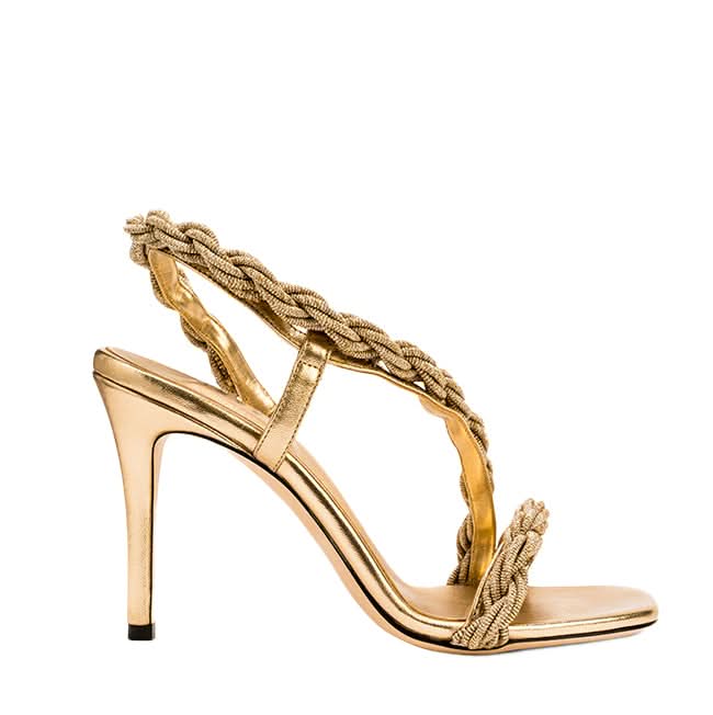 Roxana Gold High-Heel Asymmetric Sandal with antique gold twisted thread embroidery and 90 mm heel, perfect for elegant ensembles.