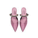 Roxana Lila Mules Pump in elegant pink satin with braided strap detail, perfect for stylish occasions.