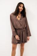 Ruched Waist Mini Shirt Dress-Brown