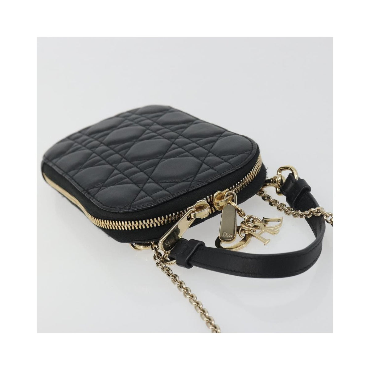 Sac Porté Épaule Christian Dior Lady Dior Phone Holder On Chain Cuir - Noir