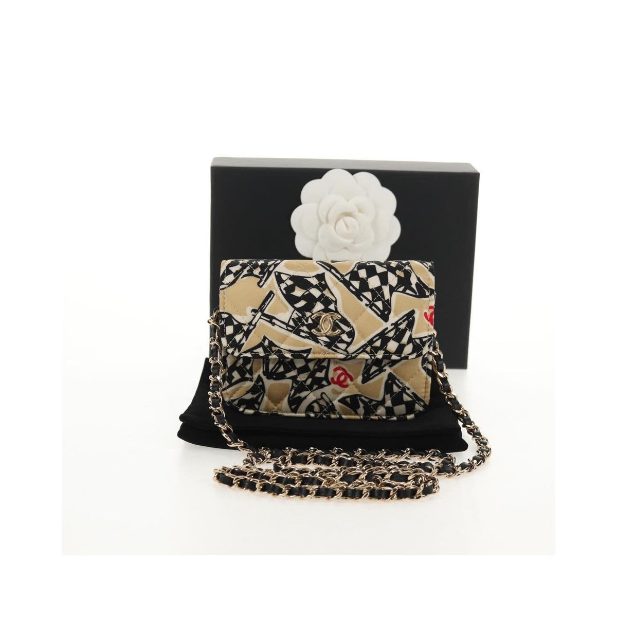 Sac Porté Épaule Chanel Flap Card Holder On Chain Satin - Beige