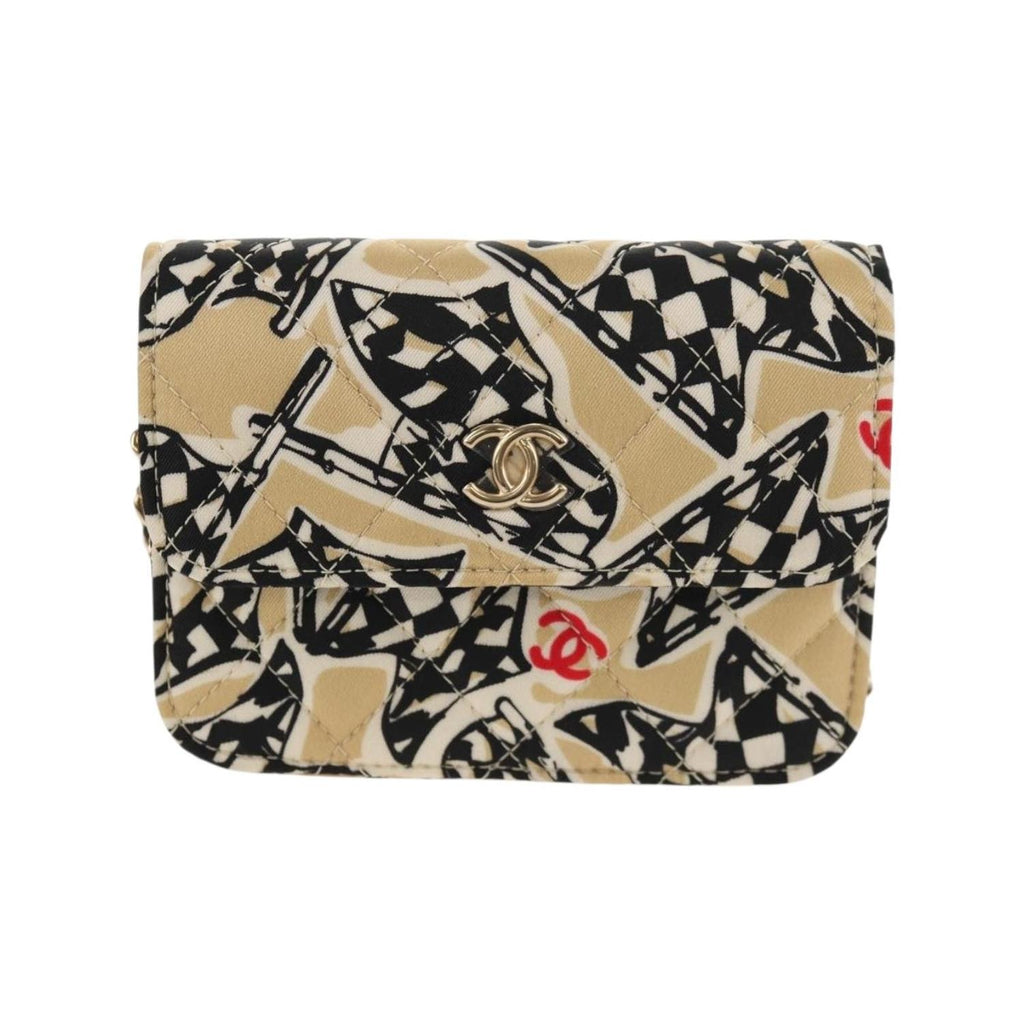 Sac Porté Épaule Chanel Flap Card Holder On Chain Satin - Beige