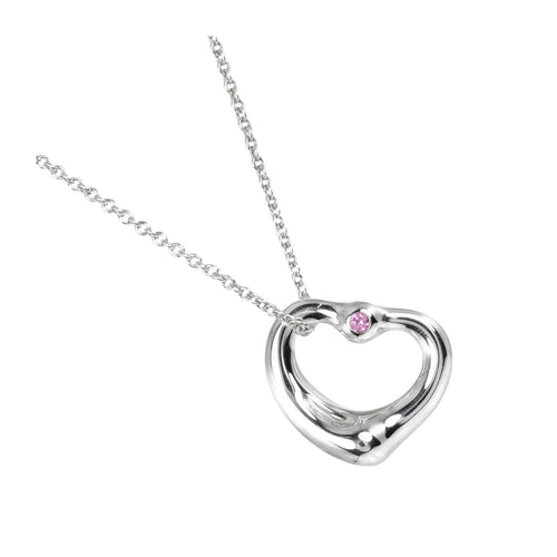Tiffany & Co. Elsa Peretti Open Heart Pendant Necklace Sterling Silver with Pink Sapphire 16mm