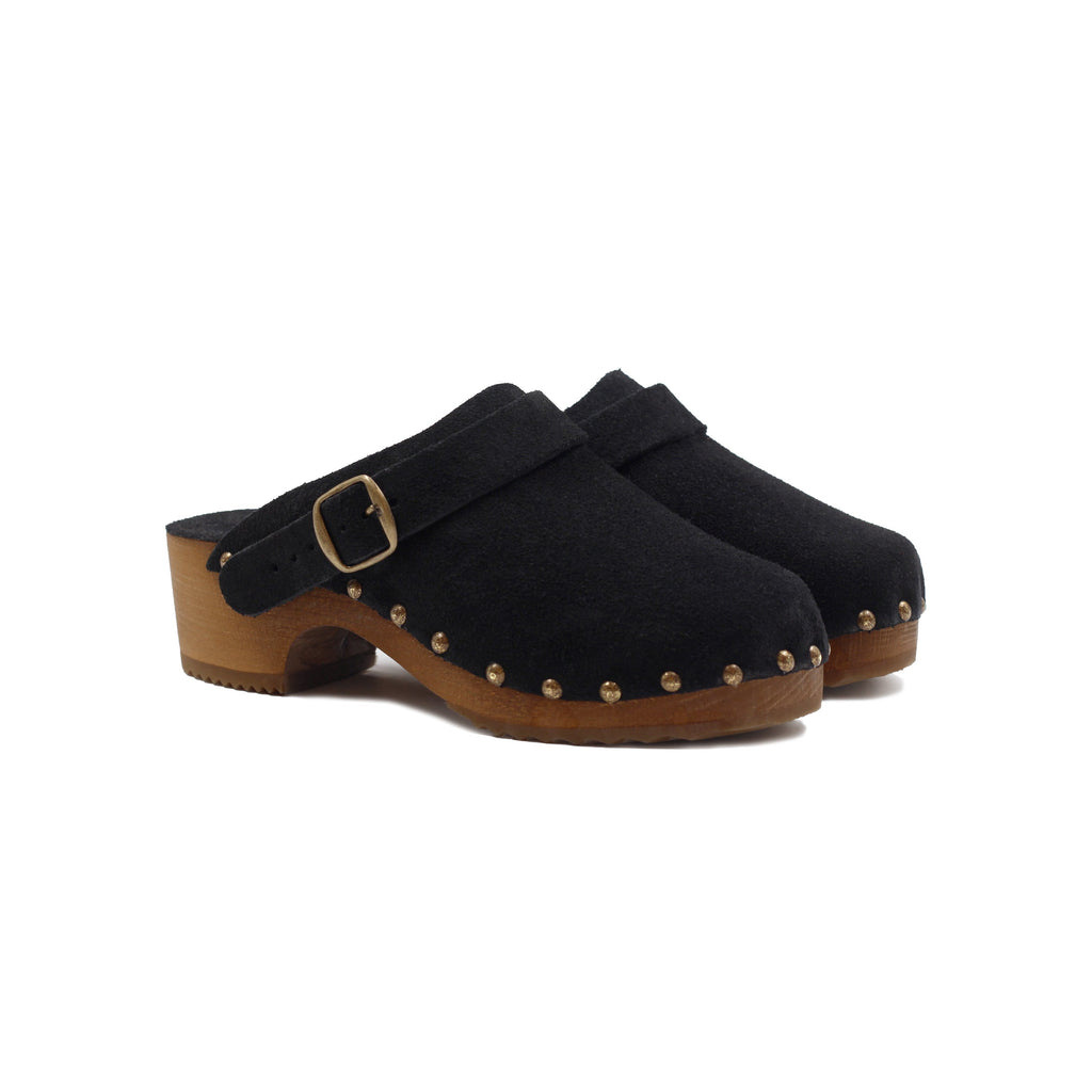 Sabots Bois Brides Cuir Daim Noir - Femme