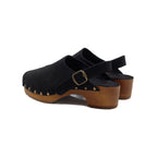 Sabots Bois Brides Cuir Daim Noir - Femme