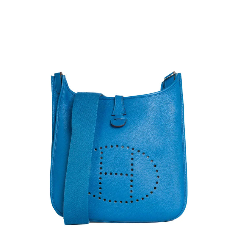 sac de seconde main evelyne  hermès en cuir bleu face