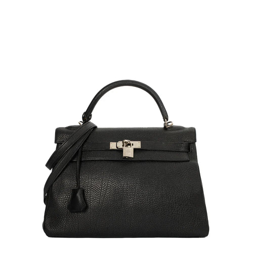 sac de seconde main kelly  hermès en cuir noir face