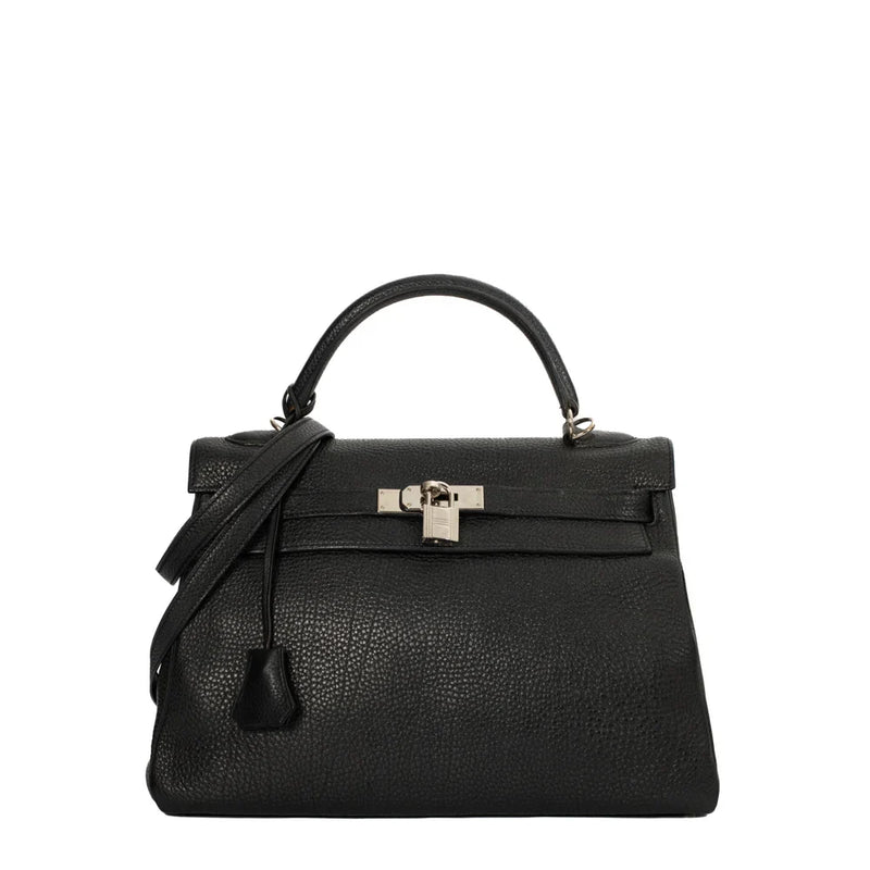 sac de seconde main kelly  hermès en cuir noir face