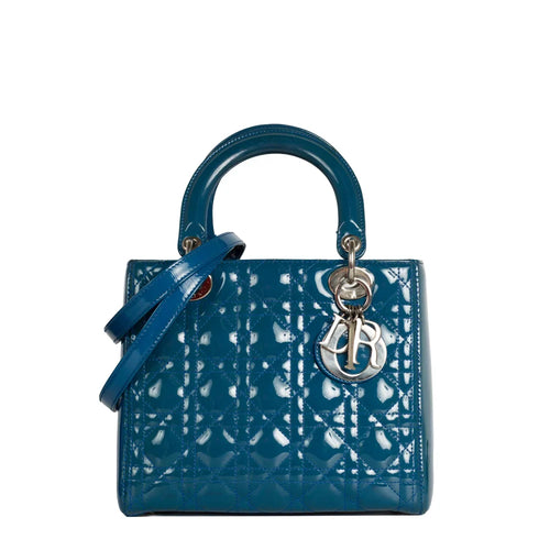 sac de seconde main lady dior  dior  en cuir verni bleu face