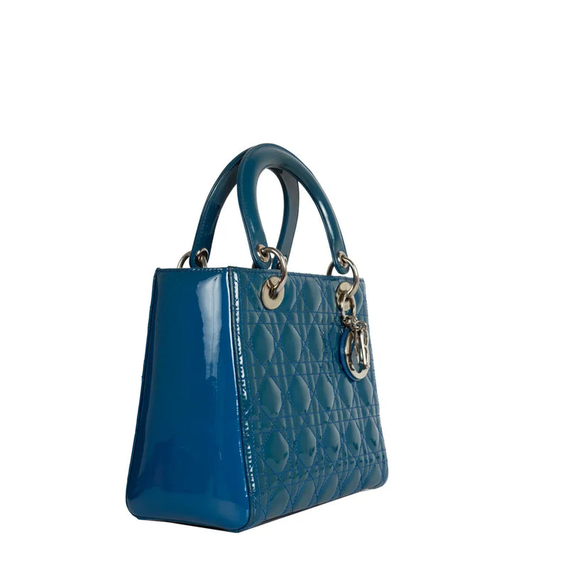 sac de seconde main lady dior  dior  en cuir verni bleu côté