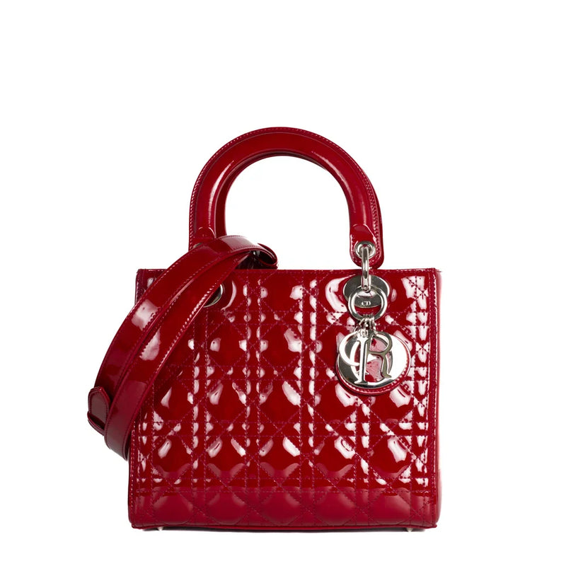 sac de seconde main lady dior   en cuir verni rouge face