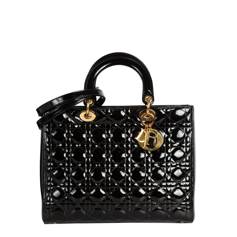 sac de seconde main lady dior en cuir verni noir face