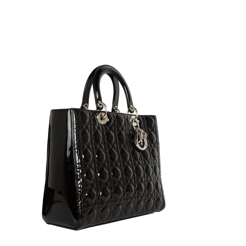 sac de seconde main lady  dior en cuir verni noir côté