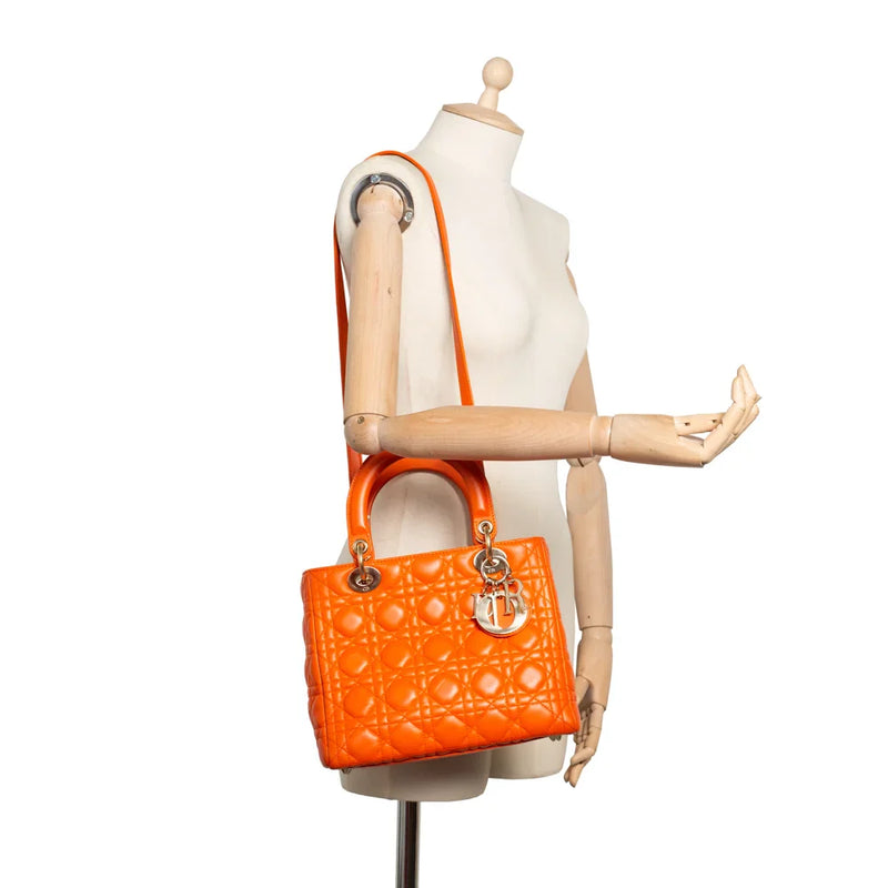 sac de seconde main lady dior  dior  en cuir orange  porté 1