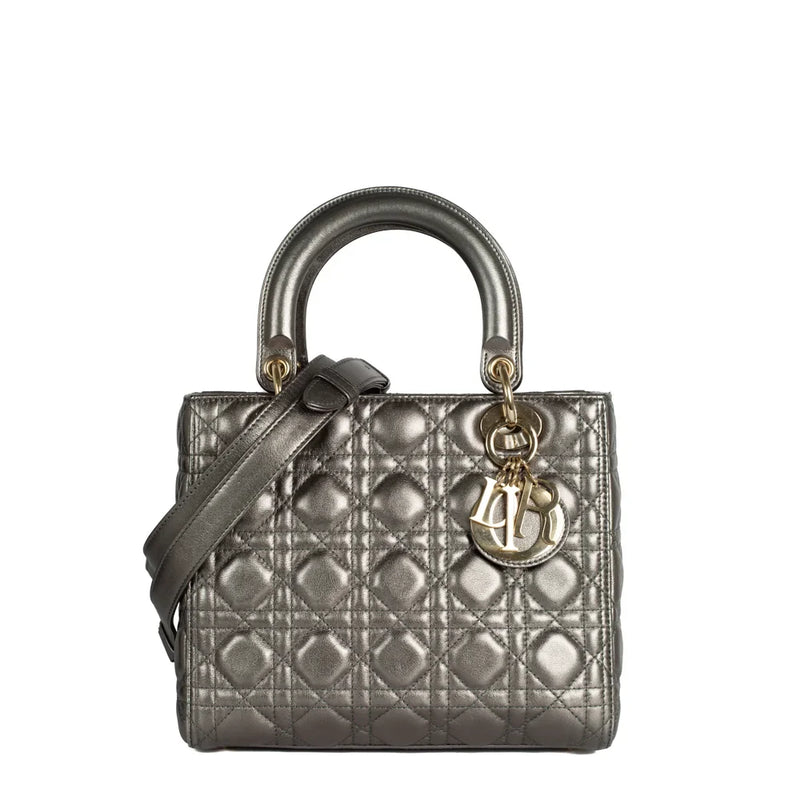 sac de seconde main lady dior  en cuir argenté face