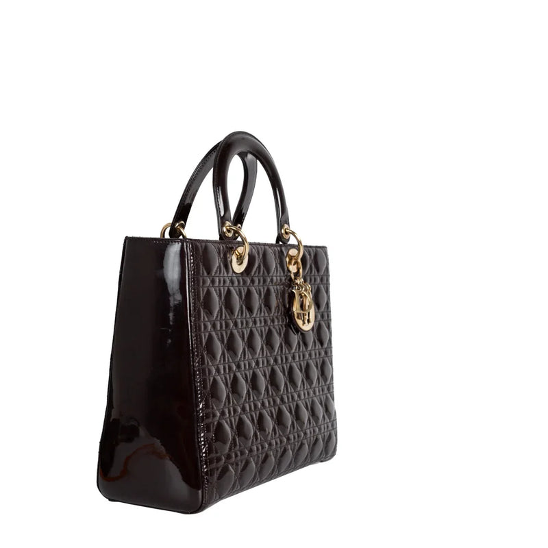 sac de seconde main lady dior   en cuir verni marron  côté