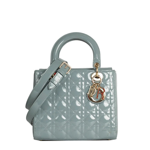 sac de seconde main lady  dior en cuir verni bleu face