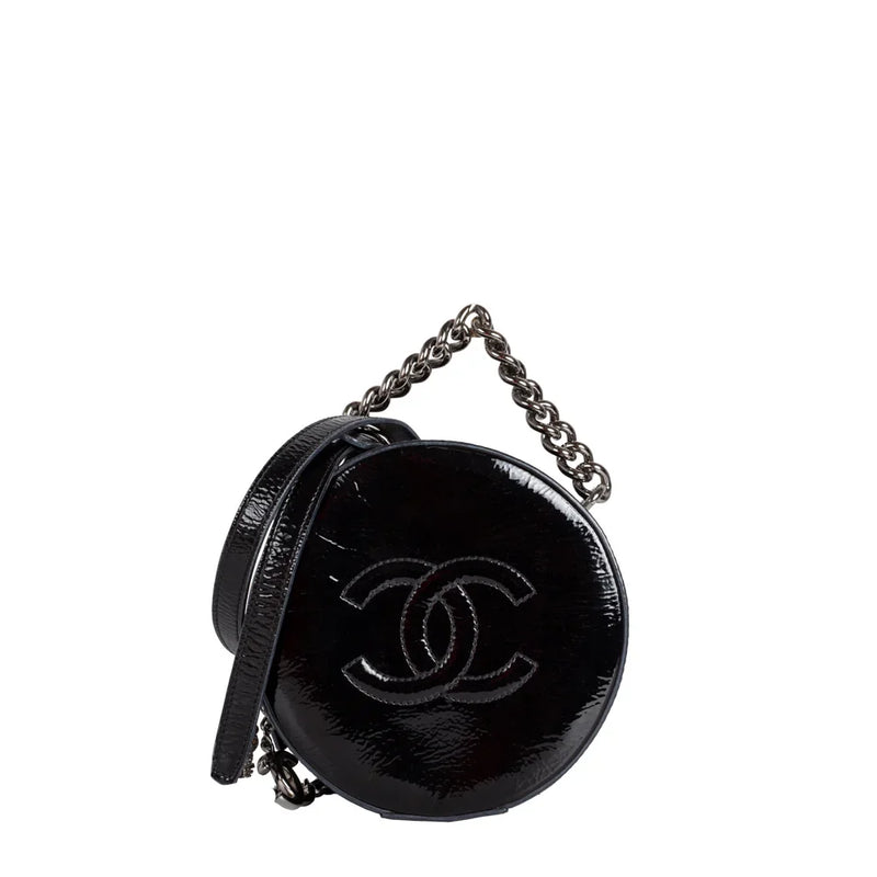 sac de seconde main rond chanel en cuir verni noir  face