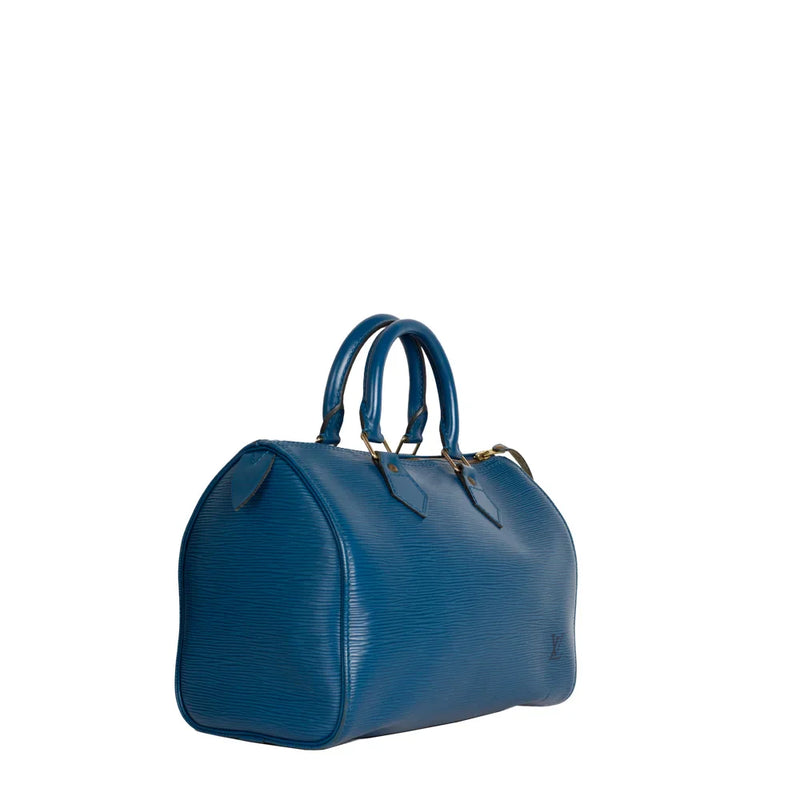 sac de seconde main speedy  louis vuitton  en cuir épi bleu côté