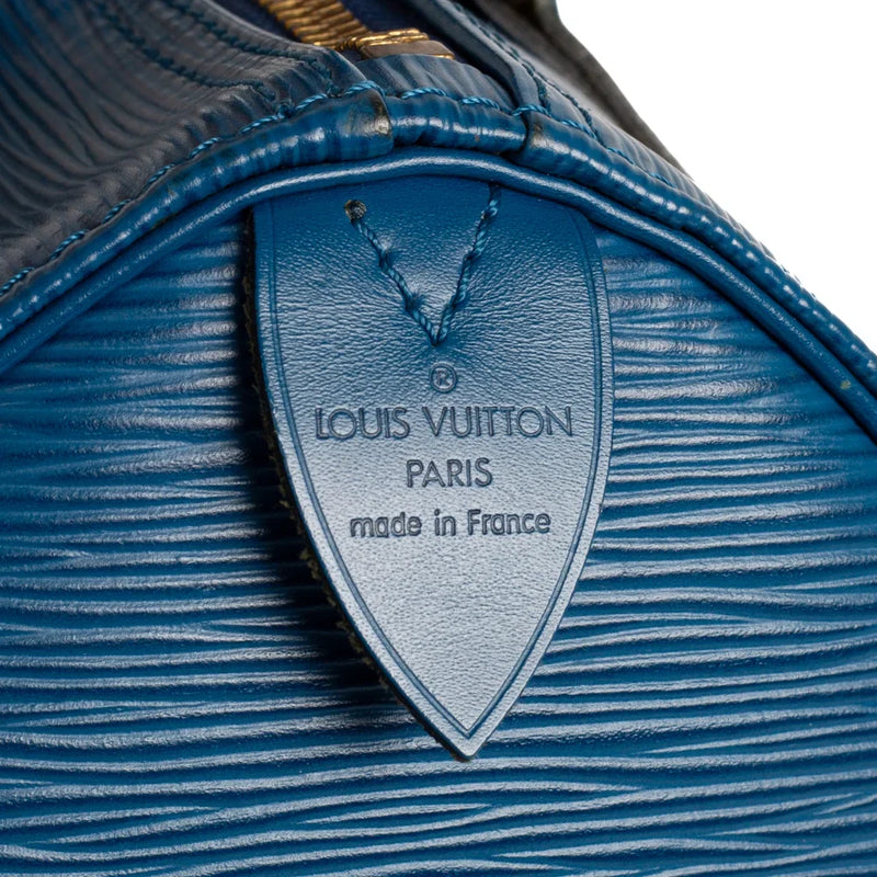 sac de seconde main speedy  louis vuitton  en cuir épi bleu label