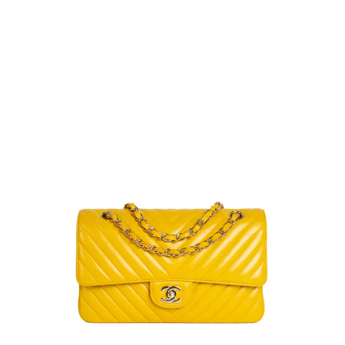 sac de seconde main timeless chanel en cuir jaune face