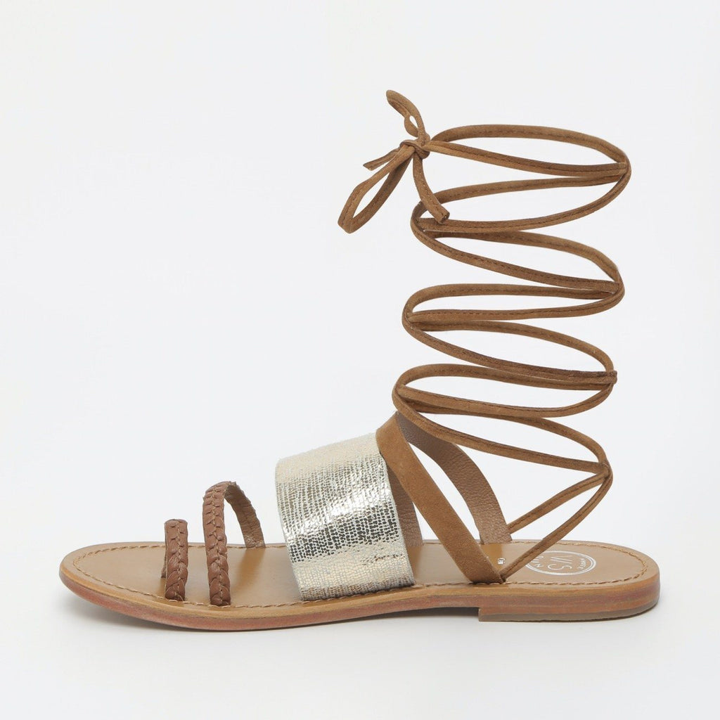 White Sun - Lupita Flat Sandals - Camel and Gold - Women