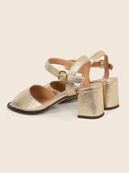 Sandalen met blokhak van goudkleurig metallic leer - Dames
